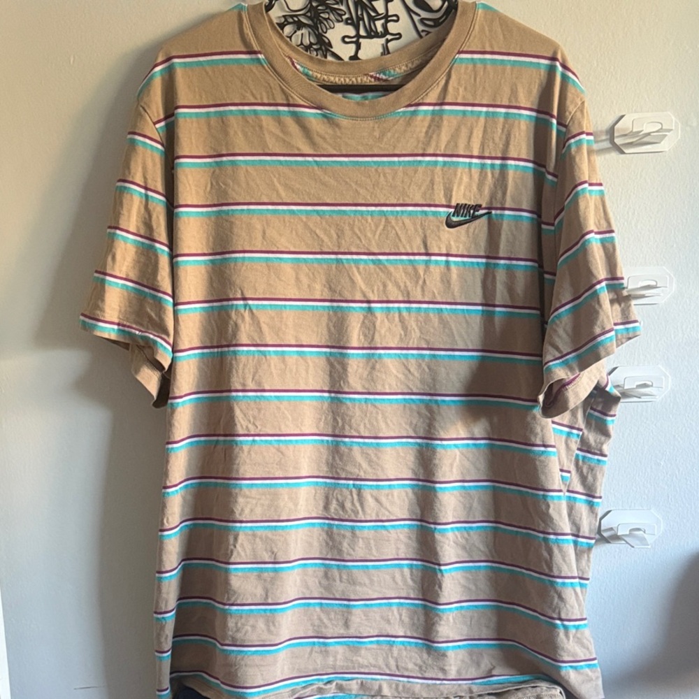 Nike Men's Tan Tee with Blue and White Stripes